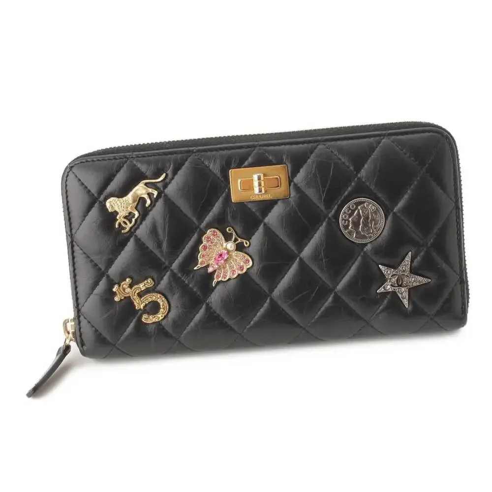 Chanel Lambskin Wallet Black Pins Patches Matelasse